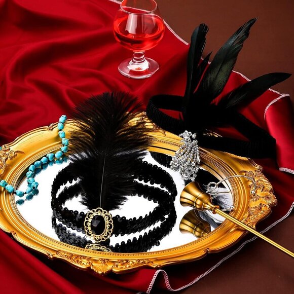 24 Pcs 1920s Flapper Headband Black Feather Costume Accessory for Women